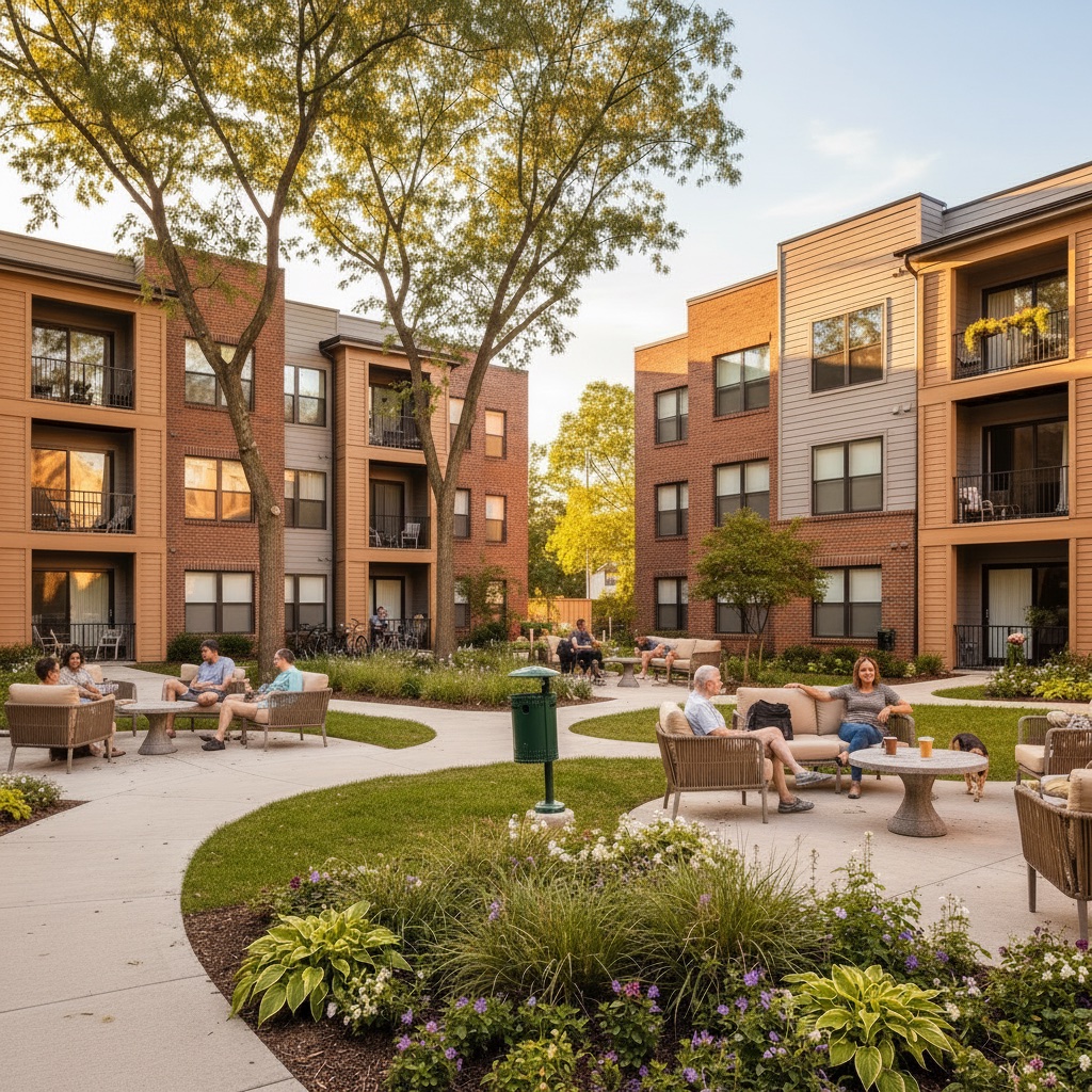 Residents gathering in the courtyard of an apartment community
